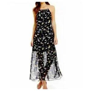 Chelsea & Violet Navy Backless Halter Maxi Dress Bird Print Draw String Closure